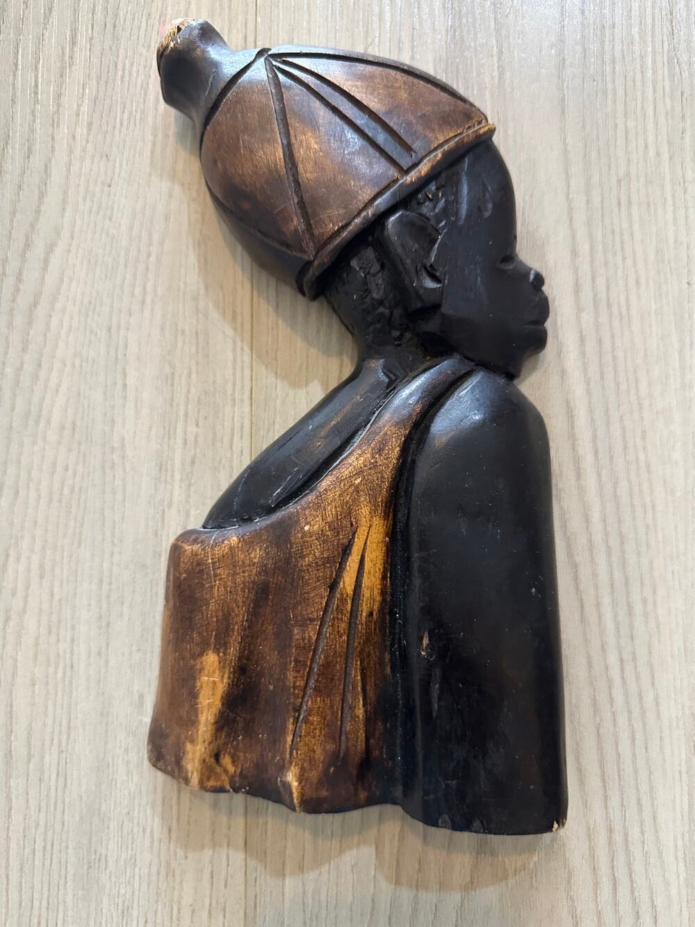 Vintage Hand Carved Ebony Wood African Bust Wall Hanging Art Plaque 9 Inch